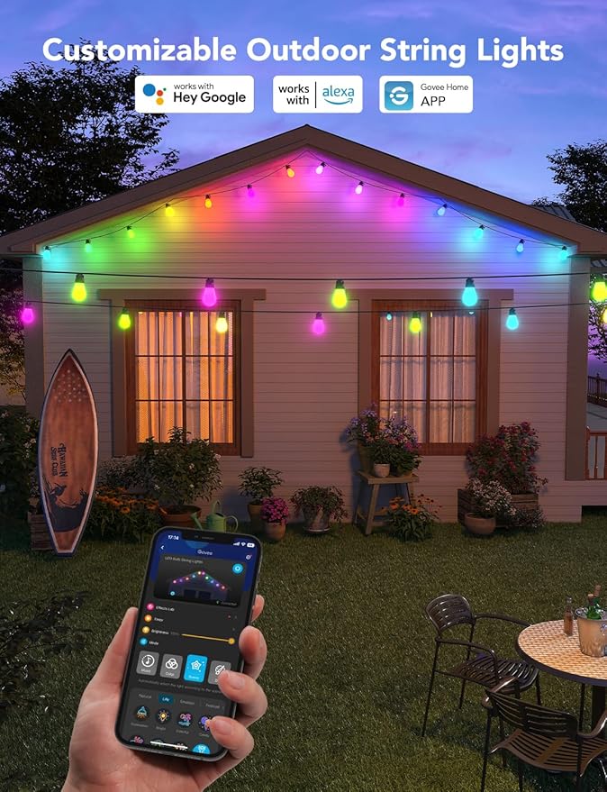 Govee Smart Outdoor String Lights H7020, RGBIC Warm White 48ft LED Bulbs for Halloween Decorations, Christmas, WiFi Patio Lights Work with Alexa, Google Assistant, APP Control, IP65 Waterproof