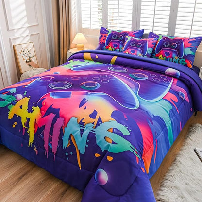 Aimuan Gaming Comforter Sets for Boys Kids Bedding Sets Video Games Console Action Buttons Novelty Colorful Game Gamepad Controller Modern Gamer Room Decor Home Quilt Set (Twin 6 Pcs,Purple)