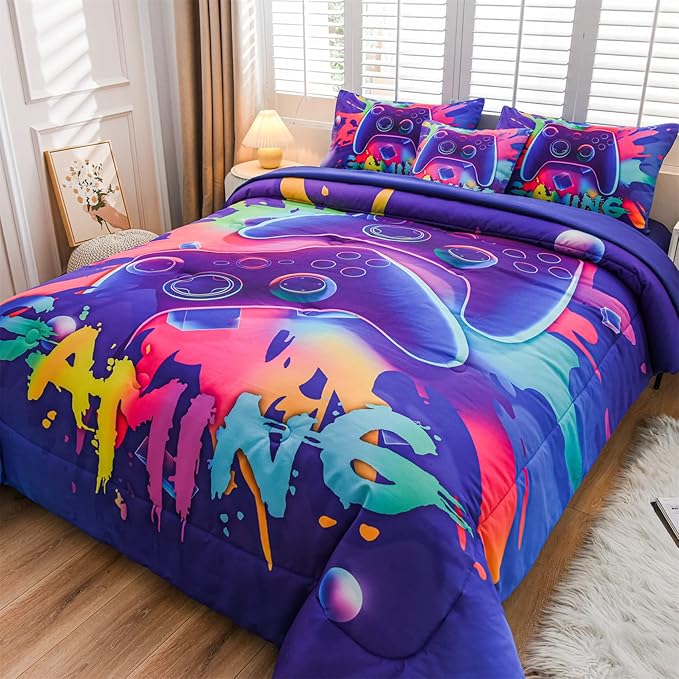 Aimuan Gamer Gaming Bedding Sets 3D Gamepad Comforter Sets for Boys Games Console Action Buttons Novelty Colorful Game Controller Modern Room Decor Home Quilt Set (Purple, Full 6PCS)