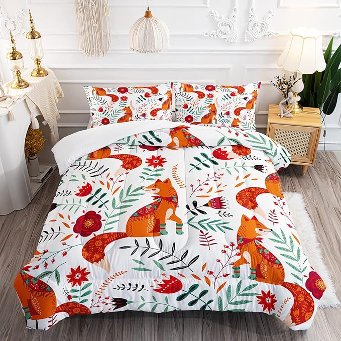 Cartoon Fox Comforter Set 3-Pieces Cute Fox Bedding Set Plants Leaves Printed Quilt Set for Kids Boys Girls with 2 Pillowcases Full