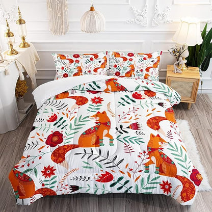 Cartoon Fox Comforter Set 3-Pieces Cute Fox Bedding Set Plants Leaves Printed Quilt Set for Kids Boys Girls with 2 Pillowcases Full