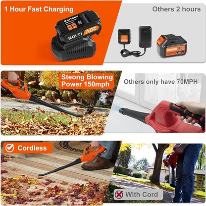 Leaf Blower Cordless,21V Handheld Electric Leaf Blower with 2.0Ah Battery and Charger, 2 Speed Mode, Lightweight Battery Powered Leaf Blower for Lawn Care, Patio, Yard, Sidewalk