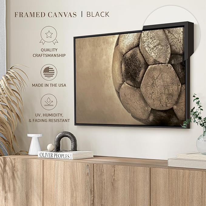Elephant Stock Worn Soccer Ball Wall Art - Horizontal Framed Canvas - 1-Piece Living Room Wall Decor - Photography sports Canvas Print - Brown and Gray Decor for Wall - 13" X 9"