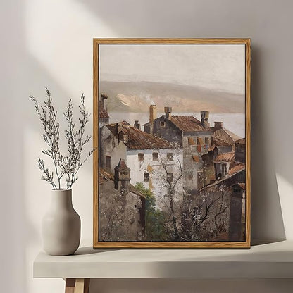 Floating Framed Vintage Canvas Wall Art, European Country Towns Wall Decor Oil Paintings Artwork, Rustic Farmhouse Posters Prints Pictures for Living Room Hallway Bedroom 12x16 inch
