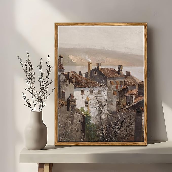 Floating Framed Vintage Canvas Wall Art, European Country Towns Wall Decor Oil Paintings Artwork, Rustic Farmhouse Posters Prints Pictures for Living Room Hallway Bedroom 16x24 inch