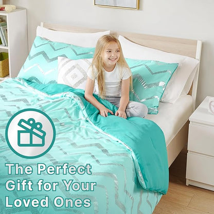 Codi Metallic Teal and Silver Comforter Set, Full/Queen Size, Cute Aqua Turquoise Bedding Sets, 4 Piece (2 Matching Sham + 1 Decorative Pillow)