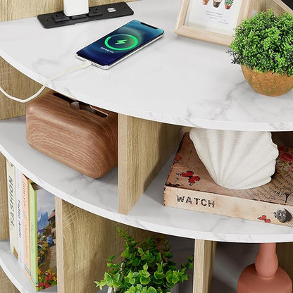 Vecelo Corner Cabinet with Charging Station, 3-Tier Cube Storage Organizer with USB Ports and Outlets, Triangle Bookcases Corner Shelf with 8 Cubbies for Playroom, Bedroom, Living Room, Marble White