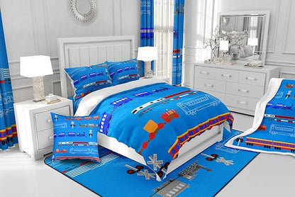 Erosebridal Train Full Comforter Set for Boys,Cartoon Car Bedding Set for Kids Boys Girls Toddler,Vintage Car Down Comforter,Retro Steam Railway Rail Traffic Light Duvet Set Bedroom Decor,Blue 3Pcs