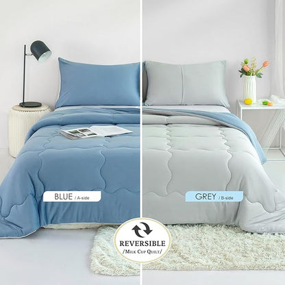 COTTEBED Reversible Light Blue and Grey Bed Comforter Twin Set, Jersey Knit T-Shirt Feel Ultra-Soft Lightweight Bedding Blanket Quilt & Pillowcase for Kid Boy Girl College Dorm All Season(Twin/TwinXL)