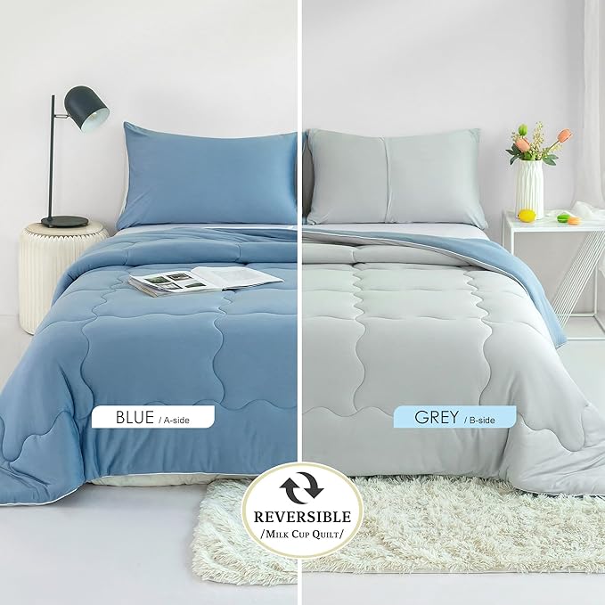 COTTEBED Reversible Blue and Light Gray Bed Comforter Queen Sets, Jersey Knit T-Shirt Feel Ultra-Soft Lightweight Breathable Cozy Bedding Down Quilt Blanket & 2 Pillowsham All Season Use (Full/Queen)