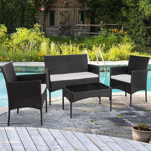Shintenchi 4 Piece Outdoor Patio Furniture Sets, Small Wicker Patio Conversation Furniture Rattan Chair Set with Tempered Glass Coffee Table for Backyard Porch Garden Poolside Balcony