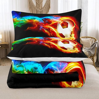 Bodhi Soccer Comforter Set King Size,Fire Sports Comforter Set for Boys,Football Bedding King,Teen Boy Bedding Set with Matching Pillowcases,Kids Comforter Set King