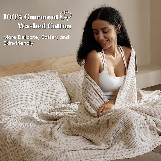 PHF 100% Cotton Waffle Weave Blanket Queen Size, Soft Lightweight Breathable Cozy Summer Blankets for Bed, Luxury Aesthetic Woven Bedding for Home Decor, 90"x90", Oatmeal