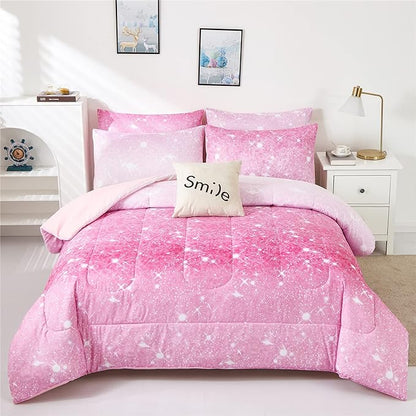 Pink Glitter Comforter Twin Size for Girls, Sparkle Galaxy Twinkle Starlight Comforter for Kids Teen,2 Piece Pink Ombre Pastel Bedding Set with 1 Pillow Case(Pink)