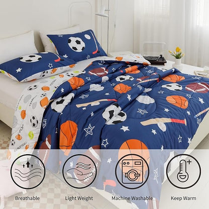 RYNGHIPY Kids Sports Theme Bedding Set, Basketball Football Baseball Tennis Print Comforter Set for Teens Boys Girls, Super Soft Lightweight (Balls,Full)