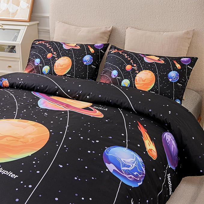 6 Pcs Solar System Comforter Set Twin Outer Space Bedding Set Universe Planets Theme Comforter for Boys Kids Ultra-Soft (1 Comforter, 2 Pillowcases, 1 Flat Sheet, 1 Fitted Sheet,1 Pillowcover)