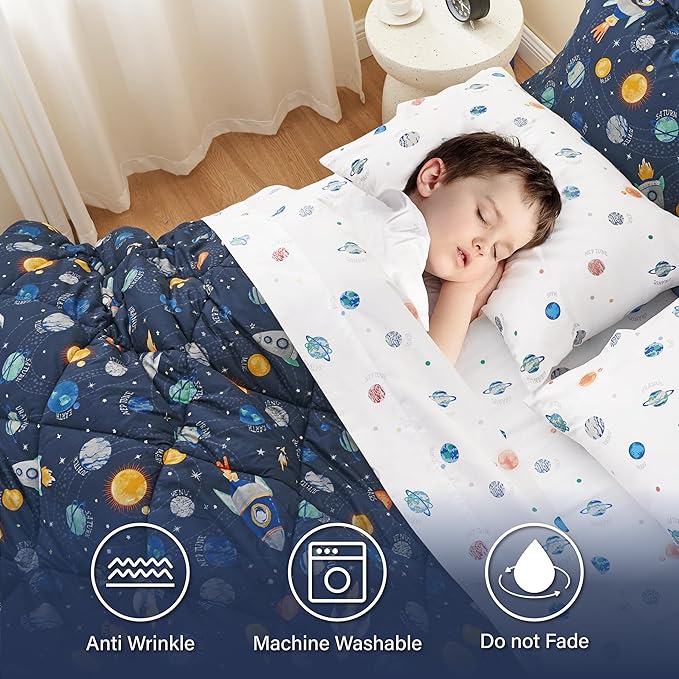 Twin Size Space Kids Bedding Set for Girls, 5 Pieces Super Soft Lightweight Microfiber Comforter Set with Sheets, Space Bedding Twin, Bed in a Bag, Durable Children Bed Set