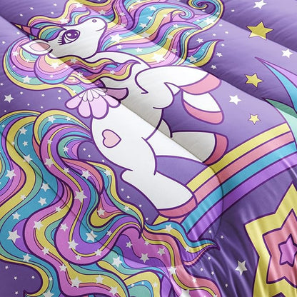 Unicorn Comforter Queen Size,Rainbow Unicorn Comforter Set for Kids Teens Girls,3Pcs Bedding Set Printed Comforter with 2 Pillowcases,Down Alternative,Soft and Lightweight(Purple，Queen Size)