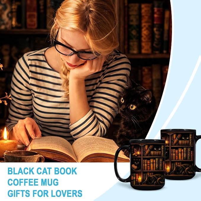 Hyturtle Black Cat Bookshelf Coffee Mug 15 Oz, Book Lover Gift for Women | Includes Matching Mini-Book Keychain; Cozy Literary Ceramic For Readers, Librarians And Bookworms On Birthdays Or Christmas