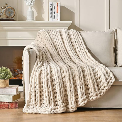 Esterra Chunky Knit Blanket Throw, 100% Handmade Chenille Throw Blanket 40"x50", Soft Thick Yarn Cable Knit Crochet Throw Blanket Rope Knot Throw for Couch Bed Sofa, Apricot White