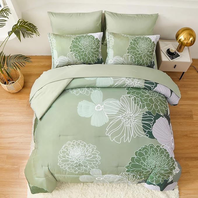 Yiran 7 Pieces Bed in a Bag Green Comforter Set Queen Floral Comforter Soft Microfiber Bedding Set with 1 Comforter 1 Flat Sheet 1 Fitted Sheet 2 Pillowshams and 2 Pillowcases