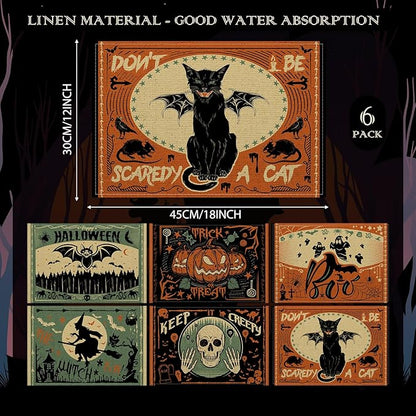 Umigy 6 Pcs Halloween Placemats 12"x18" Gothic Bat Placemats Kitchen Decoration Washable Witch Place Mats Rectangle Skull Table Mats for Halloween Dining Table Accessories(Scary)
