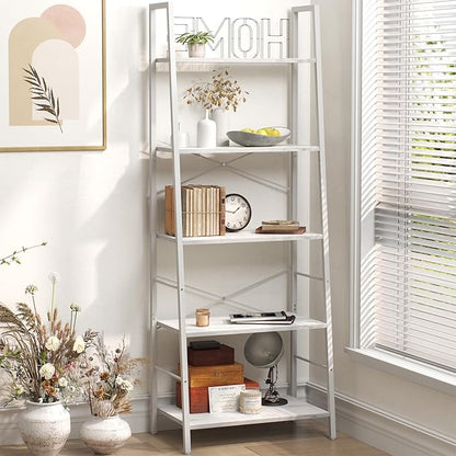 Yusong Ladder Shelf,Industrial 5-Tier Bookshelf,Free Standing Bookcase,Utility Organizer Shelves for Plant Flower,Wood Look Accent Furniture with Metal Frame for Home Office, (White)