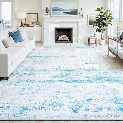 10x14 Washable Area Rug for Living Room Bedroom: Non-Slip Modern Light Blue | Machine Washable TPR Backing, Stain-Resistant Low Pile, Pet & Kid Friendly, Abstract Decor for Dining Room, Dorm, Home Office