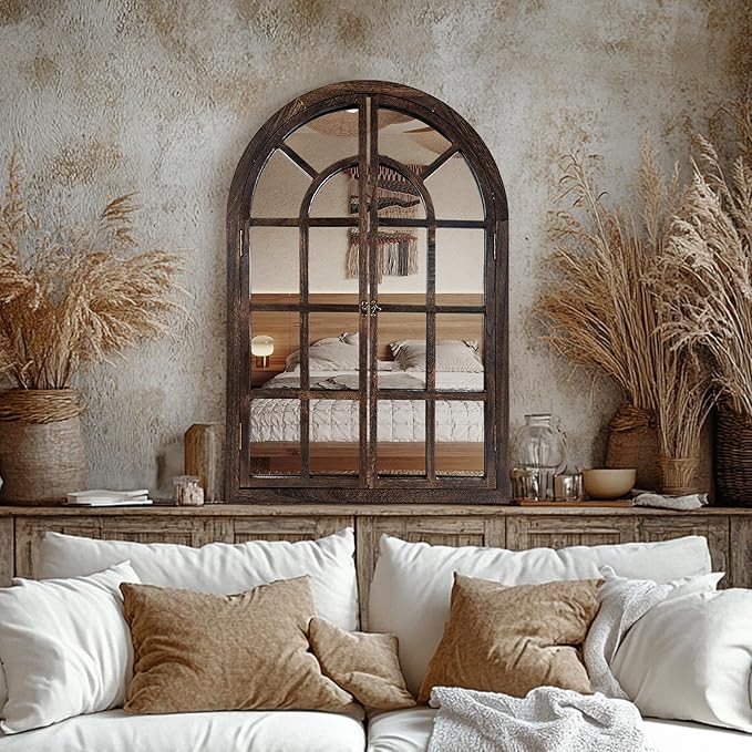 Arched Wall Mirror with Window Design, 38"x26" Rustic Farmhouse Wood Mirror for Wall Decor, Decorative Vintage Arch Mirror for Living Room, Bedroom, Entryway