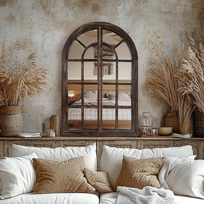 Arched Wall Mirror with Window Design, 38"x26" Rustic Farmhouse Wood Mirror for Wall Decor, Decorative Vintage Arch Mirror for Living Room, Bedroom, Entryway
