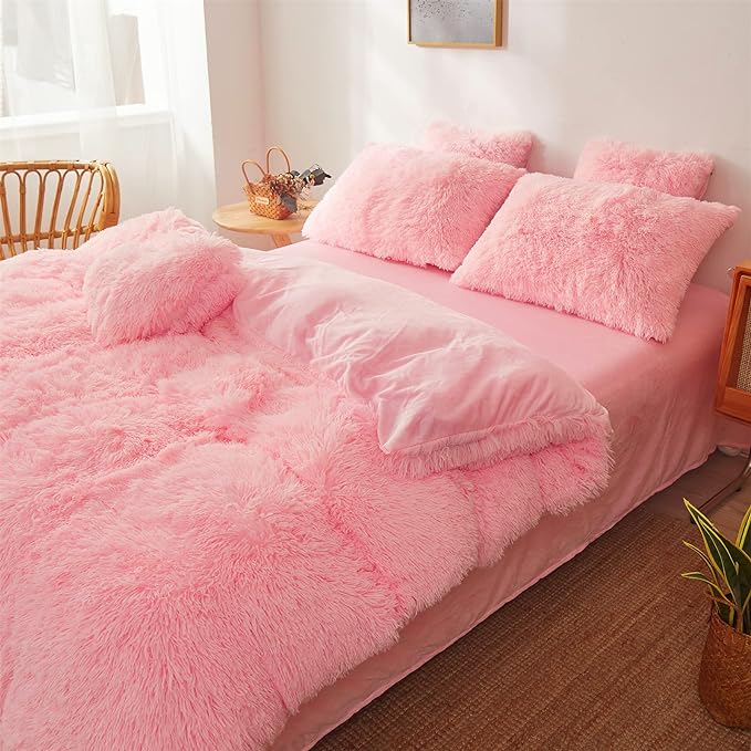 FOPPA pink fluffy Comforter Cover Set king- Ultra Soft fluffy Pink Bedding Sets 3 Pieces (1 Duvet Cover + 2 Pillow case) pink fluffy bed set (Light Pink, King)