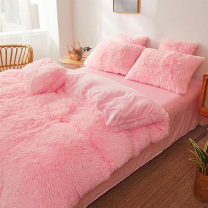 Fluffy comforters Cover twin size - Ultra Soft Plush pink bedding Sets 2 Pieces (1 faux fur comforter Cover + 1 fuzzy pillow case) girls shaggy Pink twin bed set (Light Pink, Twin)