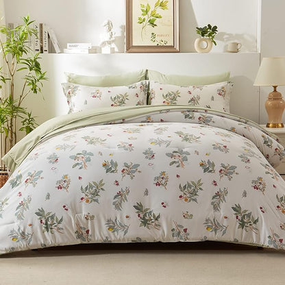 EMME Twin Comforter Set - Sage Green Floral Bedding Set 5 PCS with Flowers Leaves Pattern, Soft Plant Printed Botanical Bed Set with Sheets, Fluffy Bed Bag for All Season(68"X90")
