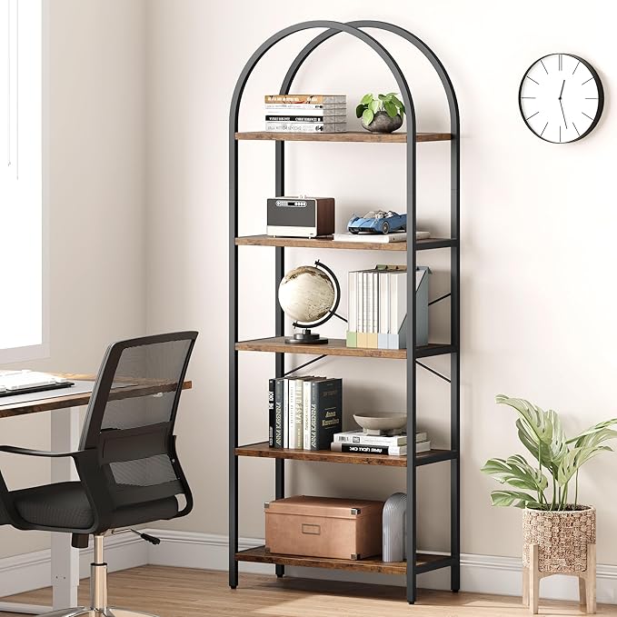 IDEALHOUSE Bookshelf 5 Tier Bookcase Arched Display Racks Tall Standing Bookshelves Metal Frame Rustic Storage Rack Shelf Brown Book Shelf for Bedroom, Living Room, Home Office, Rustic Brown
