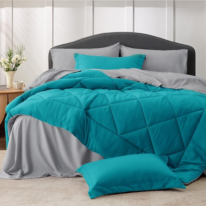 Bedsure Teal California King Size Comforter Set - 7 Pieces Reversible California King Bed in a Bag King Bed Set with Comforters, Sheets, Pillowcases & Shams, California King Bedding Sets
