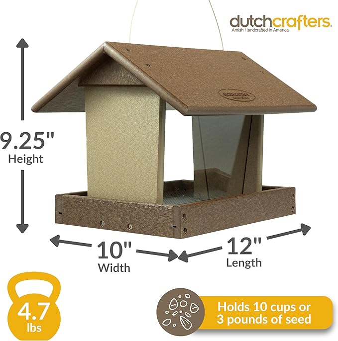 Poly Hanging Hopper Bird Feeder, Large Hanging Bird Feeder for Outside, Outdoors - Amish American Made (Tudor Brown & Weatherwood)