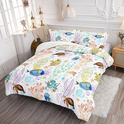 Turtle Comforter Set Queen Ocean Watercolor Sea Turtle Bedding Set Tropical Fish Marine Life Bed Set with 2 Pillowcases for Kids Room Decor