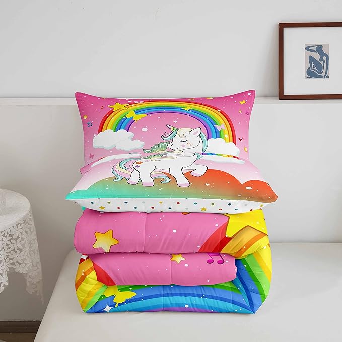 Kids Kawaii Unicorn Queen Comforter Set Girls Unicorn Bedding Stars Rainbow Gradient Quilted Duvet Cartoon Musical Notes Duvet Set Children Unicorn Animals Reversible Down Comforter,Multicolor 3Pcs
