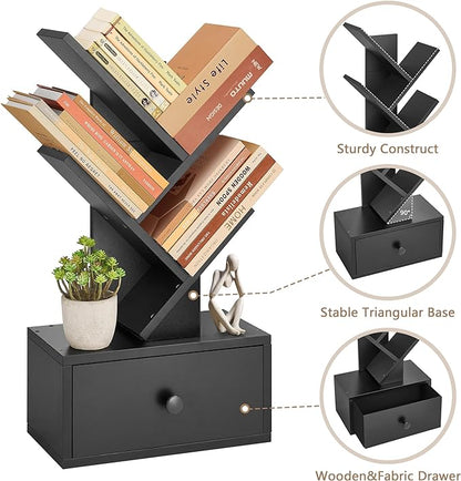 4 Tier Tree Bookshelf with Drawer, Small Tree Bookcase, Modern Table Top Book Shelf Organizer Shelves for Living Room, Bedroom, Home Office, Black