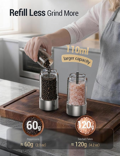 ThermoMaven Electric Salt and Pepper Grinder Set, 110ml Larger Rechargeable Automatic Salt and Pepper Mill Grinder with 6 Adjustable Coarseness, Electric Salt and Pepper Shakers, LED, Navy Blue