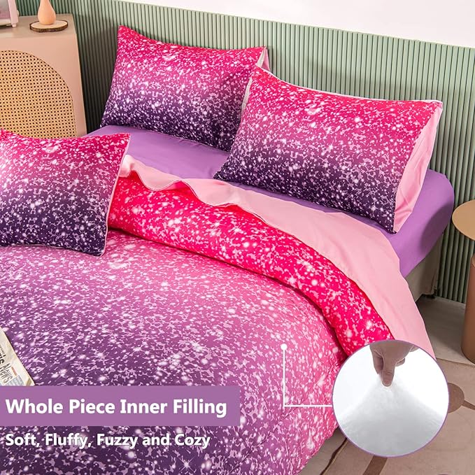 PERFEMET 6Pcs Queen Comforter Set with Sheets, Purple Glitter Tie Dye Girls Bedding Sets, Colorful Ombre Gradient Bed in A Bag, Soft Fluffy Teen Girl Bed Set for Bedroom Decor