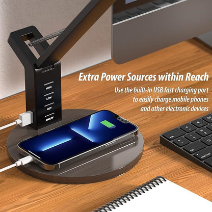 LED Desk Lamp with USB Charging Port, Home Office Desk Lamp Touch Control Dimmable Table Lamp with 3 Color Modes, Eye Caring LED Lamp for Study, Reading, Work (Copper)