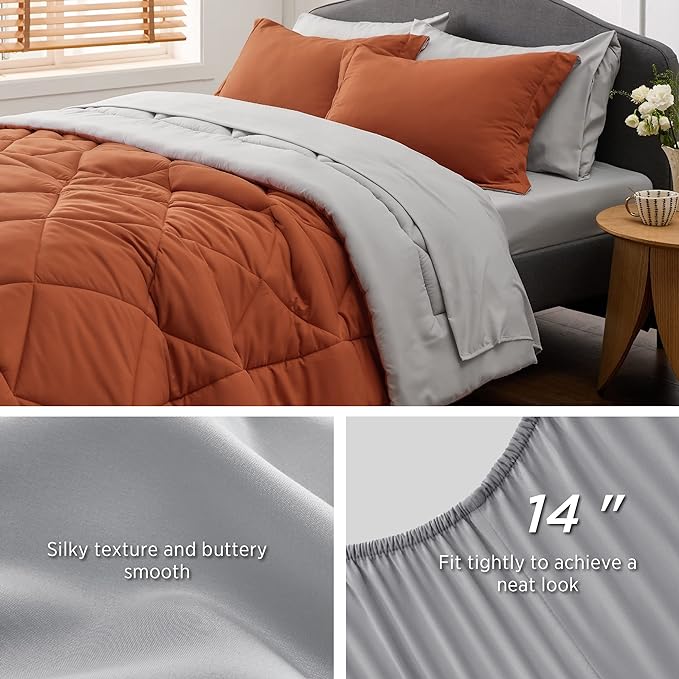 Bedsure Burnt Orange King Size Comforter Set - 7 Pieces Reversible King Bed in a Bag King Bed Set with Comforters, Sheets, Pillowcases & Shams, King Bedding Sets