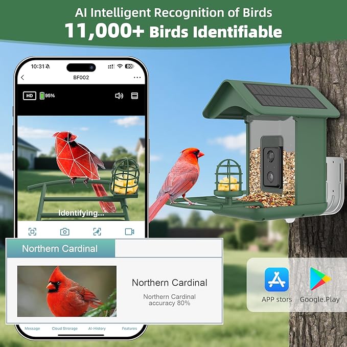 Smart Bird Feeder with Camera, AI Species Identify, Dual Solar Powered Birdfeeder Cam for Outside IP65 with 2.4GHz WiFi, 2K HD Auto Capture Birds Video for Bird Lover (Green)
