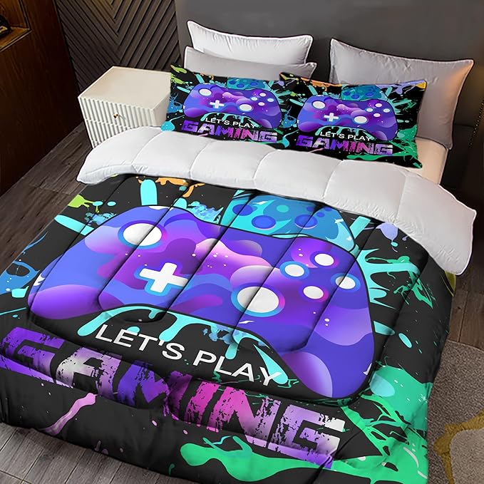 Sunnycitron Gaming Bedding Set Twin Comforter set Gamer Comforter sets for Boys Gaming Comforter set Kids Bed Comforter Set Down Alternative Comforter Game Room Decor,1 Comforter 2Pillowcase