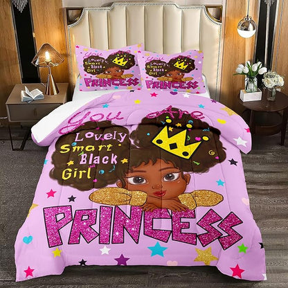 Black Girl Comforter Set Queen African Black Girls Comforter Sets Queen Princess Queen Bedding Set Cute Black Girls Princess Room Decor Bedding Set, Queen (1 Comforter 2 Pillowcases)