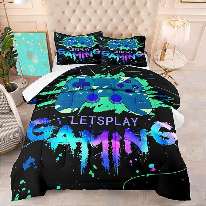 Game Comforter Set Fluffy Video Gaming Bedding Sets Gamer Room Decor Twin Size Colorful Black Gamepad Soft Game Bedding Set for Boys Teen 1 Comforter and 1 Pillowcase