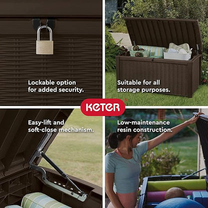Keter Borneo 110 Gallon Resin Deck Box - Organization and Storage for Patio Furniture, Outdoor Cushions, Throw Pillows, Garden Tools and Pool Toys, Brown