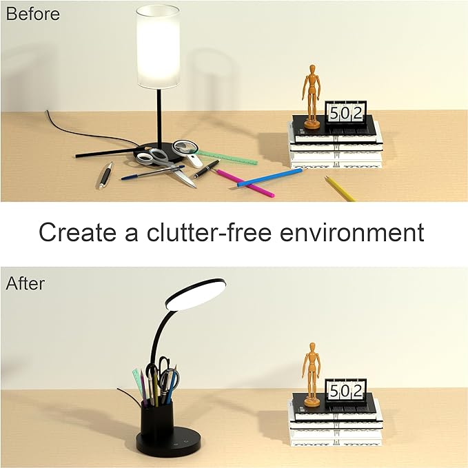 Desk Lamp, LED Desk Lamp for Home Office, Touch Table Lamp with 3 Color Modes 360° Adjustable Arm, Dimmable Desk Light with Pen Phone Holder, Black
