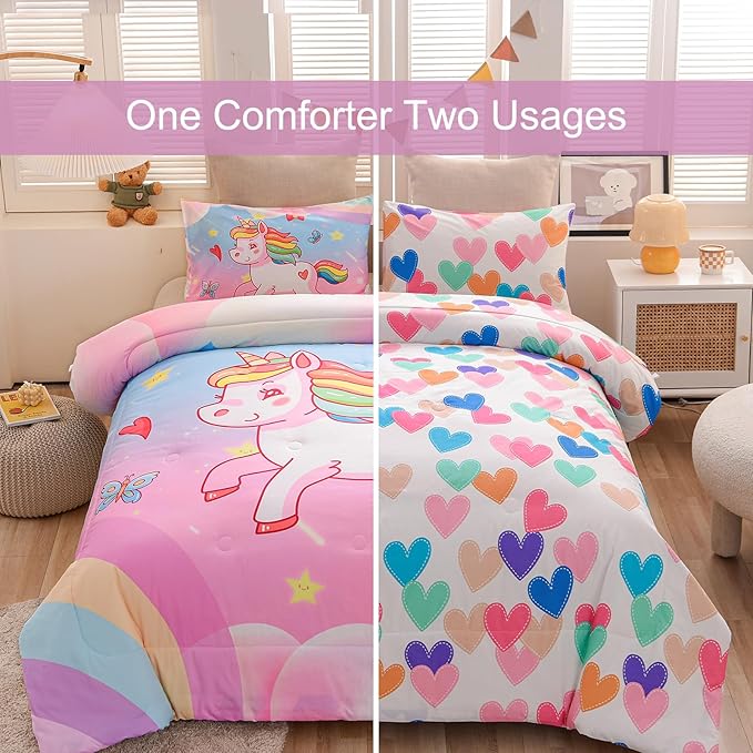 Aimuan Girls Unicorn Comforter Set 3 Pieces Pink Purple Bedding Set with Rainbow Star Galaxy Stars Fantasy Children Room Decor Soft Reversible Bed Sets for Boys/Girls/Teens (Pink Blue Full3Pcs)